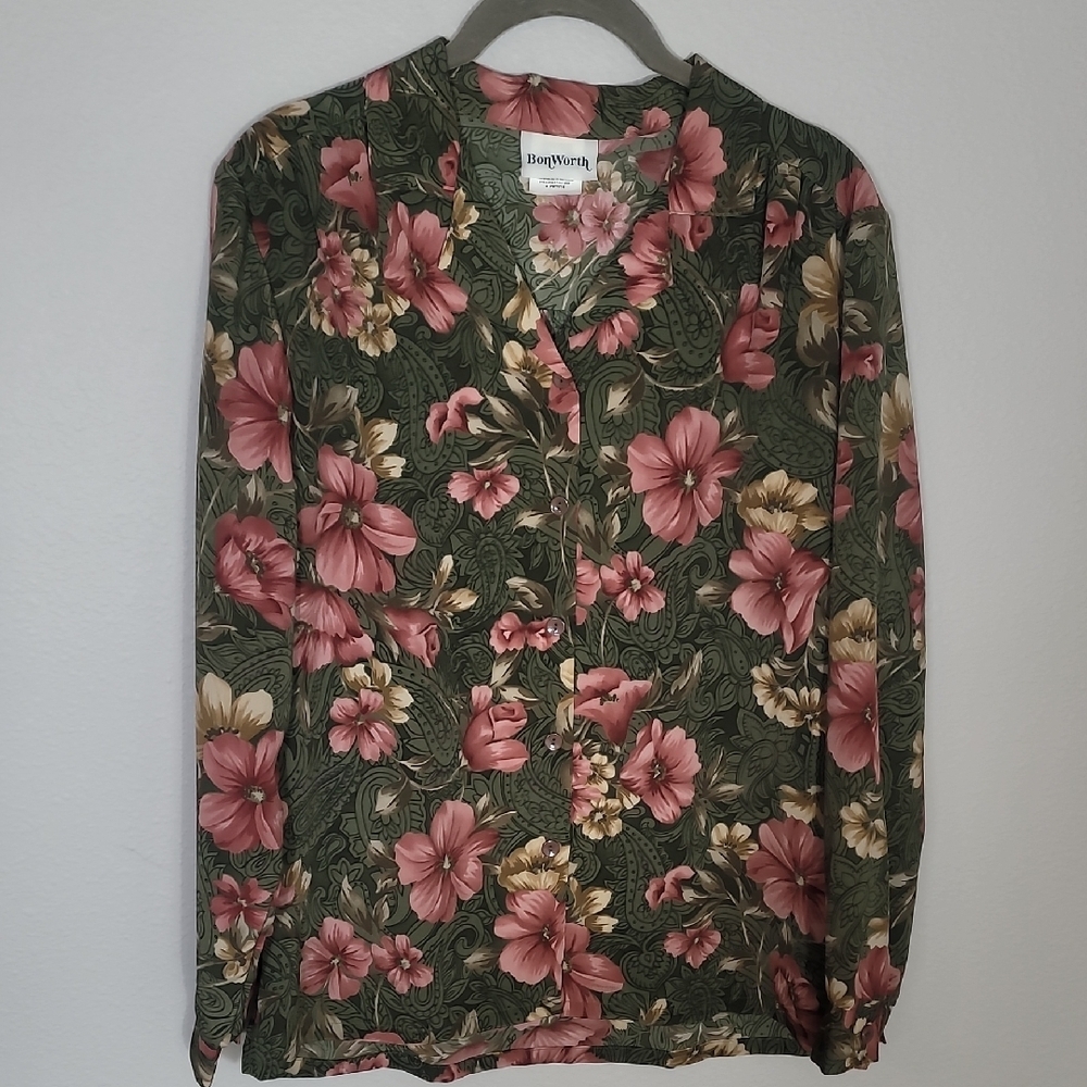 Vintage BonWorth Womens Button Up Shirt Size SP Green Pink Long Sleeve